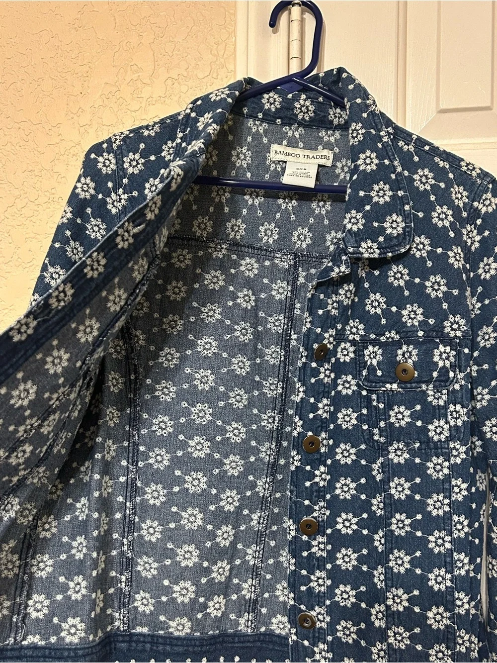 Bamboo Traders Navy Blue Floral Denim Jacket